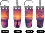 Digital Cat Enjoy The Sunset Portable Tumbler with Lid And Straw 30oz Insulated Water Bottle Car Drinking Cups - Image 6