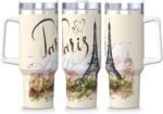 PTONUIC the famous Paris Eiffel Tower 40 oz Tumbler with Handle and Straw Lid | Insulated Cup Reusable Stainless Steel Water Bottle Travel Mug Cupholder Friendly | Gifts for Women Men Him Her - Image 3