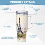 PTONUIC the famous Paris Eiffel Tower 40 oz Tumbler with Handle and Straw Lid | Insulated Cup Reusable Stainless Steel Water Bottle Travel Mug Cupholder Friendly | Gifts for Women Men Him Her - Image 4