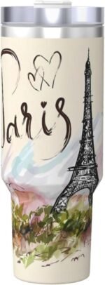PTONUIC the famous Paris Eiffel Tower 40 oz Tumbler with Handle and Straw Lid | Insulated Cup Reusable Stainless Steel Water Bottle Travel Mug Cupholder Friendly | Gifts for Women Men Him Her - Image 5