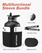 Coolflask 64 oz Insulated Water Bottle with Strap & Sleeve, Half Gallon Water Jug 3 Lids Stainless Steel Multifunctional Flask BPA-Free, Keep 48H Cold 24H Hot, Compact Yoga/Gym Bottle, Black - Image 3