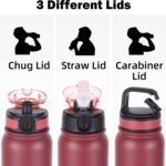 Oldley Insulated Water Bottle 20oz Water Bottles with Straw, Stainless Steel Water Bottle with 3 Lids, Double Wall Vacuum Bottles for Adult Kids, Sports Bottles for School Travel,Red-black - Image 3
