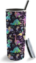 Rainbow Dinosaur Stainless Steel Insulated Tumbler with Lid - 20oz Dino Travel Mug, Reusable Metal Straw & Brush, Double-Wall Vacuum Bottle Cup for Hot and Cold Drinks, Gifts Child - Image 3
