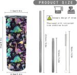 Rainbow Dinosaur Stainless Steel Insulated Tumbler with Lid - 20oz Dino Travel Mug, Reusable Metal Straw & Brush, Double-Wall Vacuum Bottle Cup for Hot and Cold Drinks, Gifts Child - Image 4
