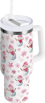 Boccsty Christmas Pink Snowman Insulated Tumblers Winter Snowflake Reusable Stainless Steel Tumbler 40 oz Cup Coffee Travel Mug Water Bottle with Handle & Flip Straw for Home Office Car - Image 3
