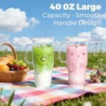 2Pack 40OZ Glass Tumbler with Handle,Glass Cup with Lid and Straw,Reusable Glass Iced Coffee Cup for Beer, Smoothies, Juice,Hot/Cold Drinks-Suitable for Birthday,Wedding,Christmas Gifts - Image 5