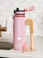 Motivational Water Bottle with Time Marker | 32oz Daily Water Intake Bottle | Gym Sports Water Bottle | Fruit Infuser Screen | 1 Liter BPA-Free Durable Leakproof with Eco-Friendly Brush (Rose) - Image 4