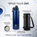 Premium 1 Liter Water Bottle (33.8 oz) with Carrying Case & Strap - Double Wall Vacuum Insulated Stainless Steel Water Bottle - Leakproof Lid, Wide Mouth, BPA-Free, Removable Strainer – Blue - Image 4