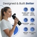 Premium 1 Liter Water Bottle (33.8 oz) with Carrying Case & Strap - Double Wall Vacuum Insulated Stainless Steel Water Bottle - Leakproof Lid, Wide Mouth, BPA-Free, Removable Strainer – Blue - Image 6