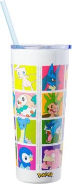 Silver Buffalo Pokemon Pikachu, Snorlax, Charmander, Squirtle, Bulbasaur, Eevee, Gengar, Togepi, Magikarp, Psyduck, Jigglypuff, Meowth, Mew Double Walled Stainless Steel Tumbler with Straw, 22 Ounces - Image 3