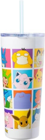 Silver Buffalo Pokemon Pikachu, Snorlax, Charmander, Squirtle, Bulbasaur, Eevee, Gengar, Togepi, Magikarp, Psyduck, Jigglypuff, Meowth, Mew Double Walled Stainless Steel Tumbler with Straw, 22 Ounces - Image 4