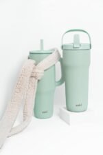 Zak Designs Sutton Travel Tumbler for On the Go, 40oz Stainless Steel with Vacuum Insulation, Silicone Straw, and Carry Handle for Cold Drinks (Icicle Mint Green) - Image 5