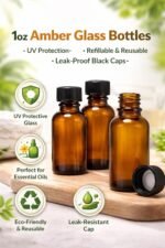 GreenHealth Pack of 4-1oz Amber Glass Bottles for Essential Oils - Mini Boston Round Bottles with Lids - Black Plastic Cap - Image 5