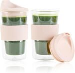 Restaurantware Glass Travel Mug 1 Count 12 Ounce Double Wall Borosilicate Reusable Coffee Cup, Spill-Resistant Tan Silicone Lid, Clear Drinkware Mug for Hot and Cold Beverages - Image 3