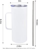 4 Pcs Sublimation Blank Skinny Tumbler 20 OZ White Mugs with Handle and Straw Double Wall Stainless Steel Coffee Travel Straight Mug with Sliding - Image 3