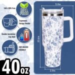 Whaline 40oz Blue Flower Tumbler with Handle Straw and Lid Spring Travel Tumbler Chinoiserie Floral Coffee Cup for Women Friend Holiday Birthday - Image 3
