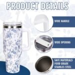 Whaline 40oz Blue Flower Tumbler with Handle Straw and Lid Spring Travel Tumbler Chinoiserie Floral Coffee Cup for Women Friend Holiday Birthday - Image 4