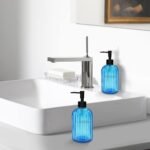 Pack of 2 Glass Soap Dispenser with Black Pump, 400 ml Refillable Pump Dispenser for Kitchen, Bathroom, Order, Laundry Room, Liquid Glass Bottle for Washing Up Liquid, Shampoo, Conditioner (Blue) - Image 4