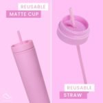 SKINNY TUMBLERS 4 Pack - Matte Pastel Colored Acrylic Tumbler with Lid and Straw- Perfect for Home, Travel |16oz Double Wall Reusable Plastic Tumbler w Straw Cleaner INCLUDED,LIGHT PINK - Image 4