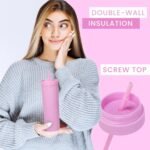 SKINNY TUMBLERS 4 Pack - Matte Pastel Colored Acrylic Tumbler with Lid and Straw- Perfect for Home, Travel |16oz Double Wall Reusable Plastic Tumbler w Straw Cleaner INCLUDED,LIGHT PINK - Image 5