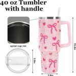 JarThenaAMCS Valentine's Day Pink Bow Tumbler with Lid and Straw 40oz Rhinestone Bowknot Heart Tumbler with Handle for Women Girls Stainless Steel Cup for Home Office Travel Gift - Image 3