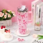 JarThenaAMCS Valentine's Day Pink Bow Tumbler with Lid and Straw 40oz Rhinestone Bowknot Heart Tumbler with Handle for Women Girls Stainless Steel Cup for Home Office Travel Gift - Image 5