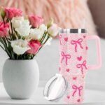 JarThenaAMCS Valentine's Day Pink Bow Tumbler with Lid and Straw 40oz Rhinestone Bowknot Heart Tumbler with Handle for Women Girls Stainless Steel Cup for Home Office Travel Gift - Image 6