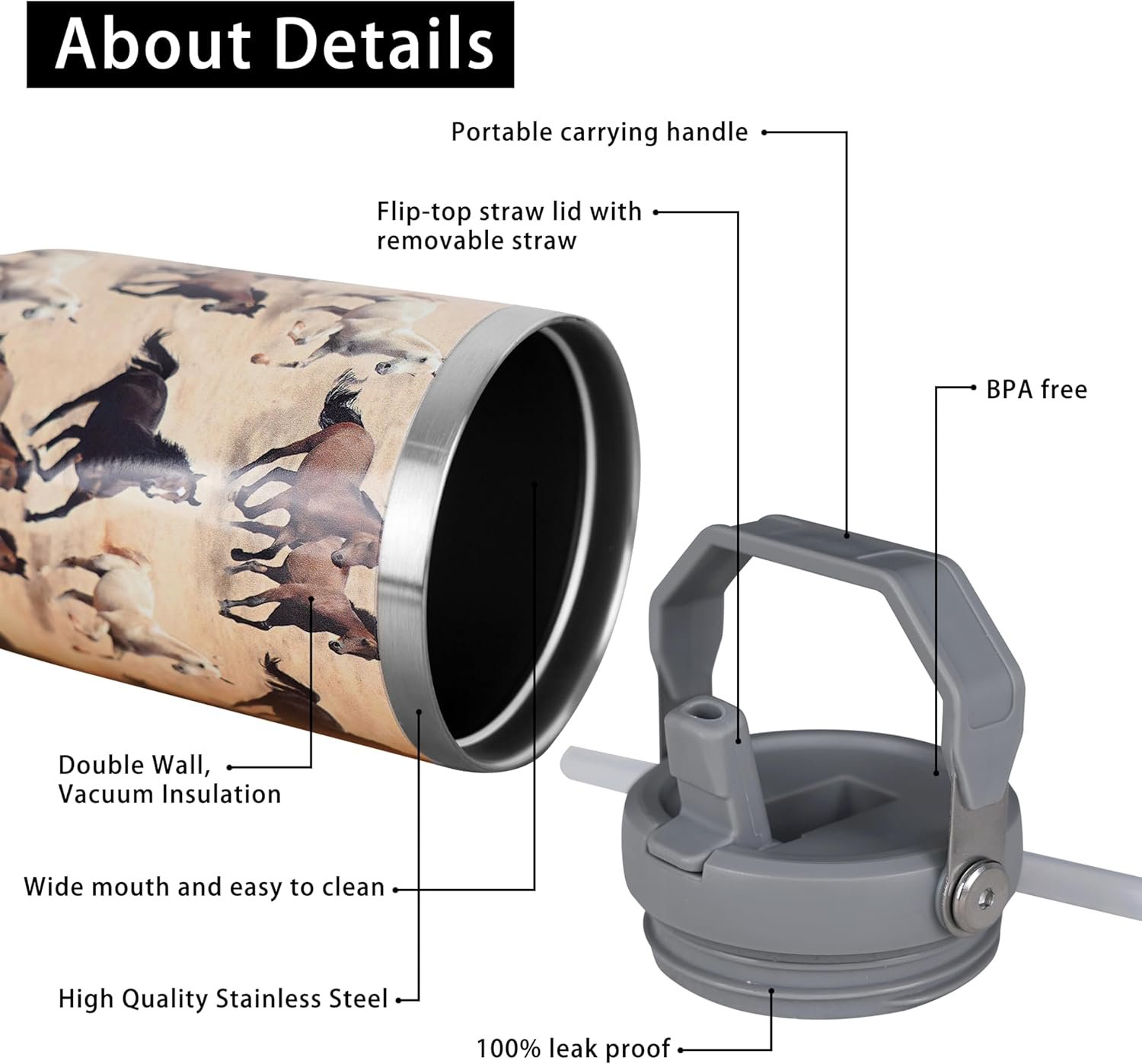 30 oz Horse Tumbler with Straw Handle, Vintage Gifts for Women Men Horse Lover, Stainless Steel Insulated Water Bottle Coffee Cups for Home Office Travel(Brown) - Image 3