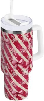 Boccsty Christmas Snowflake Pink Bow Insulated Tumblers Red Candy Cane Reusable Stainless Steel Tumbler 40 oz Cup Coffee Travel Mug Water Bottle with Handle & Flip Straw for Home Office Car - Image 3