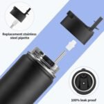 koodee Water Bottle -12 oz Stainless Steel Double Wall Vacuum Insulated Water Bottle with Straw, Sports Metal Wide Mouth Water Bottle Flask for School (Black) - Image 3