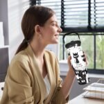 Cat Tumbler with Top Handle Straw and Lid Large Water Bottle Reusable Stainless Steel Coffee Cup for Hot and Cold Drinks Gift for Women Man White Black Cat Painted Travel Mug (black, 30oz) - Image 4