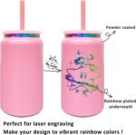 Glass Cups with Lids and Straws, 16 oz Stainless Steel Cups, Insulated Skinny Tumbler, Powder Coated Travel Mugs for Laser Engrave, Iced Coffee Cup for Smoothie Water DIY Gift (Pink,1 pack) - Image 4