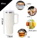40oz Insulated Tumbler with Handle - Luxury White Pearl & Rhinestone Inlaid Car Cup - 304 Stainless Steel Vacuum Travel Mug for Women - Elegant Portable Bling Ice Master Cup - Image 3