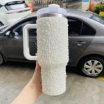 40oz Insulated Tumbler with Handle - Luxury White Pearl & Rhinestone Inlaid Car Cup - 304 Stainless Steel Vacuum Travel Mug for Women - Elegant Portable Bling Ice Master Cup - Image 4