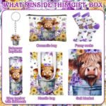 6 Pcs Valentines Highland Cow Gifts for Women Include 20 oz Stainless Steel Tumbler with Lid and Straw Cosmetic Bag Throw Blanket Keychain Socks Handbag for Women Girls(Purple) - Image 4