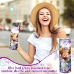 6 Pcs Valentines Highland Cow Gifts for Women Include 20 oz Stainless Steel Tumbler with Lid and Straw Cosmetic Bag Throw Blanket Keychain Socks Handbag for Women Girls(Purple) - Image 6