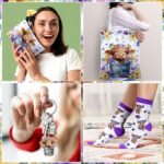 6 Pcs Valentines Highland Cow Gifts for Women Include 20 oz Stainless Steel Tumbler with Lid and Straw Cosmetic Bag Throw Blanket Keychain Socks Handbag for Women Girls(Purple) - Image 7