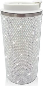 17oz Rhinestone Insulated Coffee Mug with Leak Proof Lid Stainless Steel Vacuum Bling Travel Coffee Mug Studded Diamond Sparkly Coffee Tumbler Cup Reusable Portable To Go Mugs (Milky) - Image 2