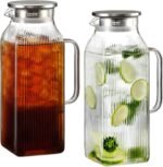 2 Pack 2 Liter/68 oz Square Glass Pitcher with Lid, Classic Stripes Water Pitchers with Handle for Fridge, Large Jug for Iced Tea, Borosilicate Glass Carafe for Hot/Cold Brew Drink, Silver - Image 2