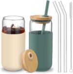 20 OZ Glass Cups with Bamboo Lids and Straws - Beer Can Drinking Glasses with Silicone Protective Sleeve Set, Iced Coffee Glasses, Cute Tumbler Cup for Water, Tea, Gift - Cambridge Blue, Amber - Image 2