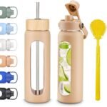 24 oz Glass Water Bottles With Two Lids Bamboo Straw Lid and Handle Spout Lid-1 Liter Glass Tumbler with Silicone Sleeve and Straw Leakproof BPA Free For Home Office Gym - Image 2