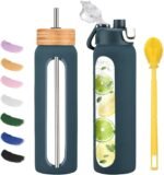 24 oz glass water bottle - Motivational Tumbler With Time Marker - Borosilicate Glass Water Bottles With Silicone Sleeve and 2 Lids - Handle Spout Lid & Bamboo Straw Lid - Image 2