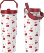 30 oz Cherry Tumbler with Straw Handle, Gifts for Women Who Loves Cherry, Stainless Steel Insulated Water Bottle Coffee Cups for Home Office Travel - Image 2