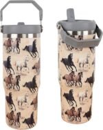 30 oz Horse Tumbler with Straw Handle, Vintage Gifts for Women Men Horse Lover, Stainless Steel Insulated Water Bottle Coffee Cups for Home Office Travel(Brown) - Image 2