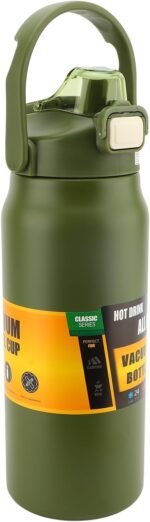 304 Stainless Steel Insulated 1.5L, Straw Lid Handle Reusable Wide Mouth Vacuum Bottle for Gym Fitness (Dark Green) - Image 2