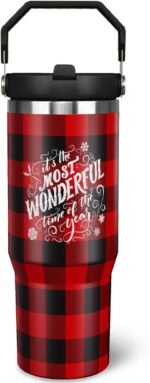 30oz Christmas Tumbler with Handle and Straw, Stainless Steel Vacuum Insulated Flip Straw 30 oz Buffalo Coffee Tumbler, Spill Proof Travel Mug, Merry Christmas Decor Gifts for Women - Image 2
