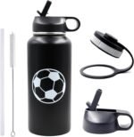 32 oz Soccer Water Bottle with Straw, Wide Mouth Sports Flask Metal Travel Tumbler with 2 Lids, Stainless Steel Double Wall Vacuum Insulated Leakproof Thermo Water Bottles, Soccer Gifts for Boys Girls - Image 2