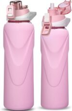 32 oz Sports Glass Water Bottle with Straw & Silicone Sleeve Reusable BPA-free Borosilicate Glass Drinking Bottle with Flip Top Lid & Handle Wide Mouth (Pastel Pink) - Image 2