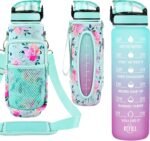 32 oz Water Bottle with Straw and Sleeve, Motivational Water Bottle with Time Marker and Adjustable Shoulder Strap, BPA Free Leakproof Sport Water Jug for Hiking, Gym - Image 2