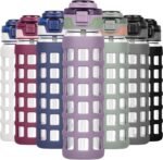 32oz/22oz Glass Water Bottle with Straw Handle Flip lids, leakproof, BPA free, Borosilicate Glass Bottles, with Protective Non-Slip Silicone Sleeve Sports Glass Drinking Bottles Purple - Image 2